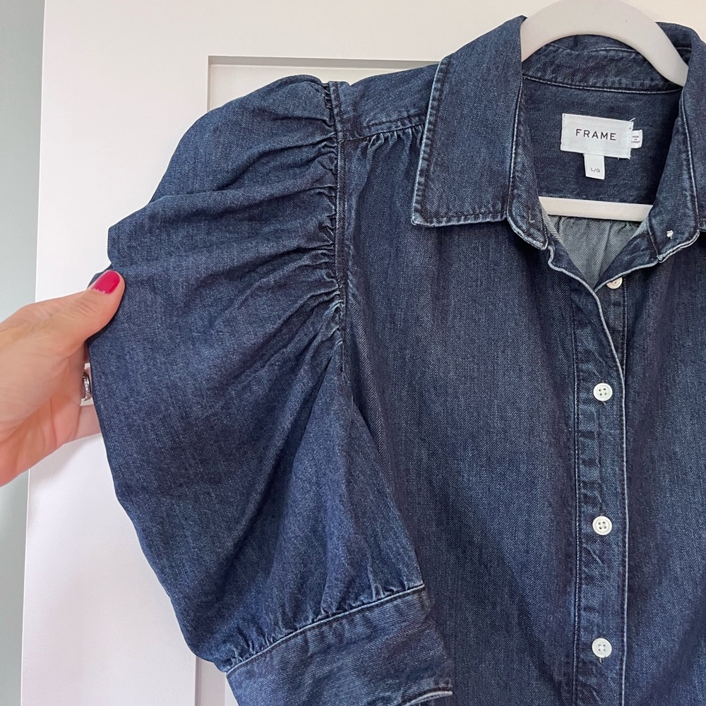 Frame Denim Dark Blue Puff-Sleeve Mini Shirt Dress - Picture 7 of 12
